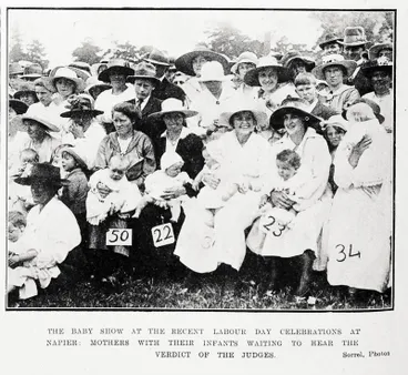 The baby show at the recent Labour Day celebrations at Napier: mothers with their infants waiting to hear the verdict of the judges Image: The baby show at the recent Labour Day celebrations at Napier: mothers with their infants waiting to hear the verdict of the judges
