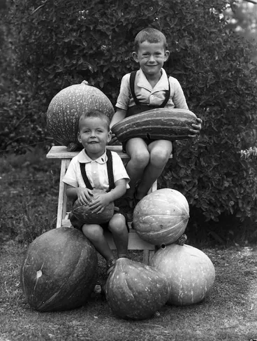 Image: Albert Percy Godber's grandsons, Colin and Norman Hartwig, with marrows and pumpkins, Silverstream
