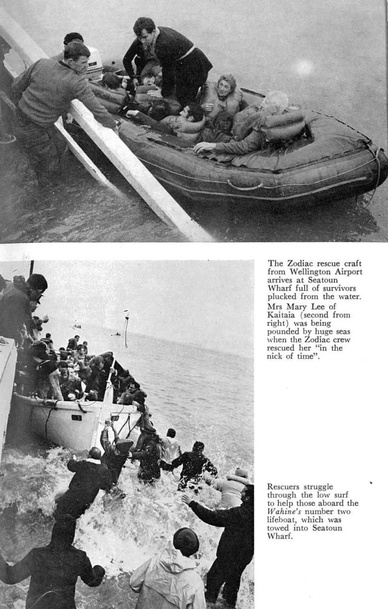 The Zodiac rescue craft from Wellington Airport arrives at Seatoun Wharf full of survivors plucked from the water. Mrs Mary Lee of Kaitaia (second from right) was being pounded by huge seas when the Zodiac crew rescued her "in the nick of time". — Resc...