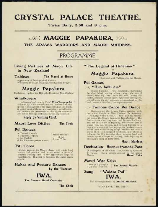 Programme for "Maggie Papakura, the Arawa warriors and Maori maidens" at the Crystal Palace Theatre