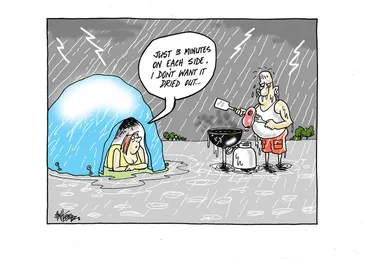 Image: [Summer camp barbecuing in the rain]