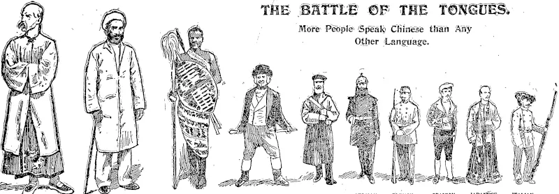 CHINESBi I 30a millions. INDIAN. ■ 386 millions. AFRICAN. 310 millions. ENQLISH. 116 millions. RUSSIAN. 85 millions. GERMAN. So millions. FRENCH. 52 millions. SPANISH. 44 milliosis. JAPANESE. 40 millions. ITALIAN. 34 millkxis. (Auckland Star, 05 October 1900)