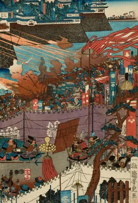 The Shogun Hideyoshi in his encampment directing an attack on a fortress (right hand sheet of Triad)