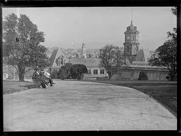 Image: Lydia Williams and unidentified man seated on a park bench in Albert Park,with Auckland Art Gallery in background