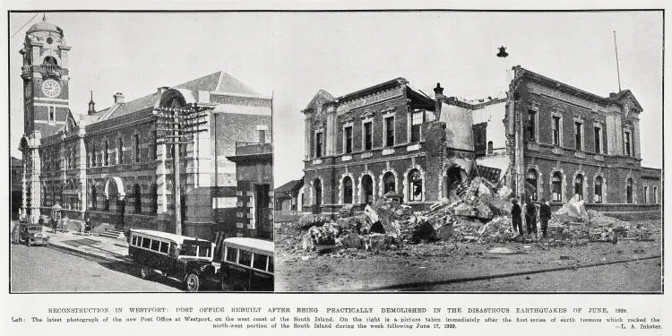 Reconstruction in Westport: Post Office rebuilt after being practically demolished in the disastrous earthquakes of June, 1929