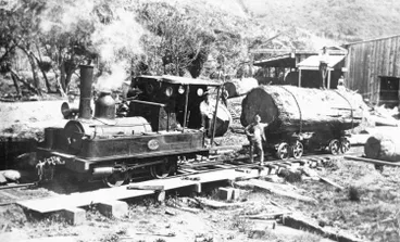 Image: Piha Tramway engine and log on bogie.
