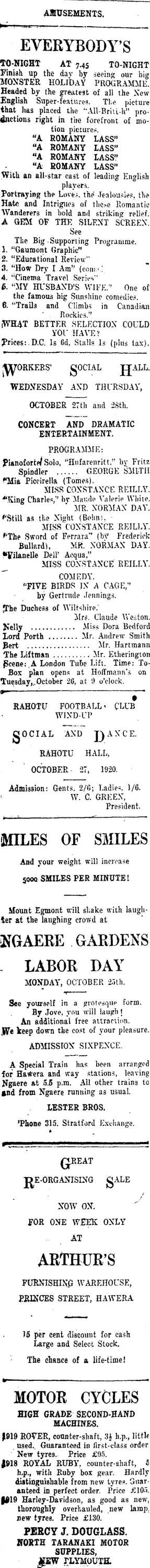 Page 1 Advertisements Column 1 (Taranaki Daily News 25-10-1920)