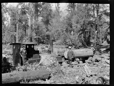 Image: Tree felling, William Williams and unidentified men beside a steam train and carriage with a newly chained log deep within an unknown forest, Kakahi District, Manawatu-Whanganui Region