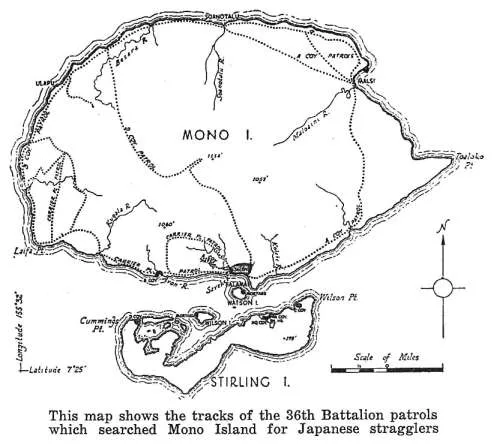 This map shows the tracks of the 36th Battalion patrols which searched Mono Island for Japanese stragglers
