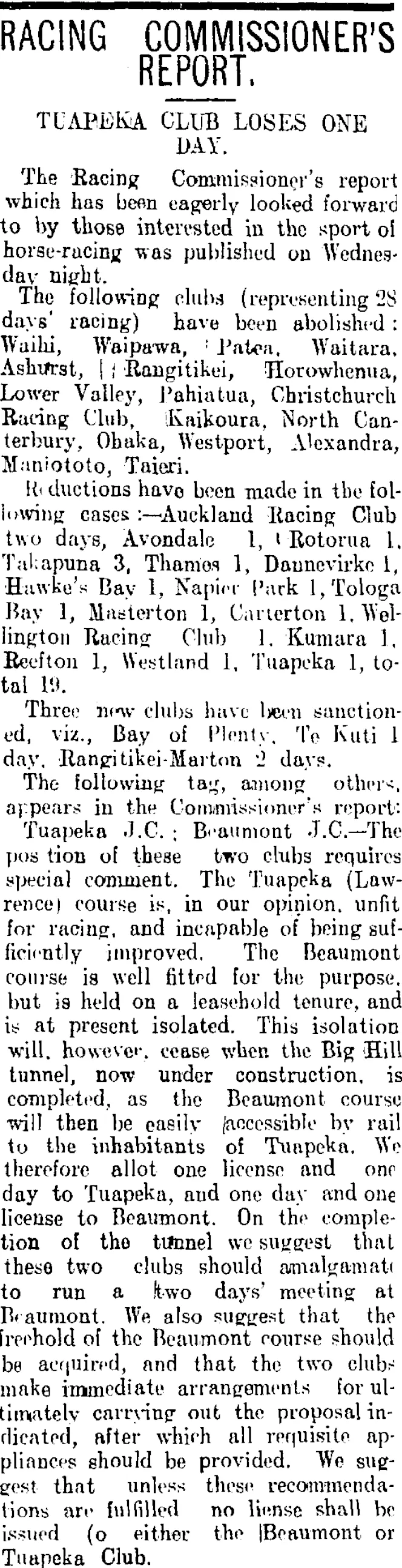 RACING COMMISSIONER'S REPORT. (Tuapeka Times 24-6-1911)