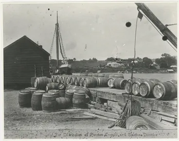 Image: Photograph, Beer barrels on the wharf at Riverton Wharf