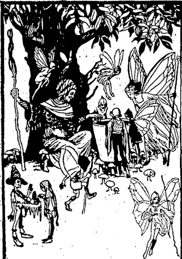 Image: A ribbon from the sunrise, a Jewell from the night, An , acorn dipped in bird-song and a thimbleful of light; A petalful of laughter and a white moth's wing ..... These w«r« in the magic brew that woke the Fairy Spring. (Evening Post, 03 November 1928)