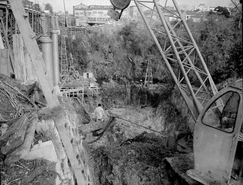 Excavation for the new, lower, railway bridge