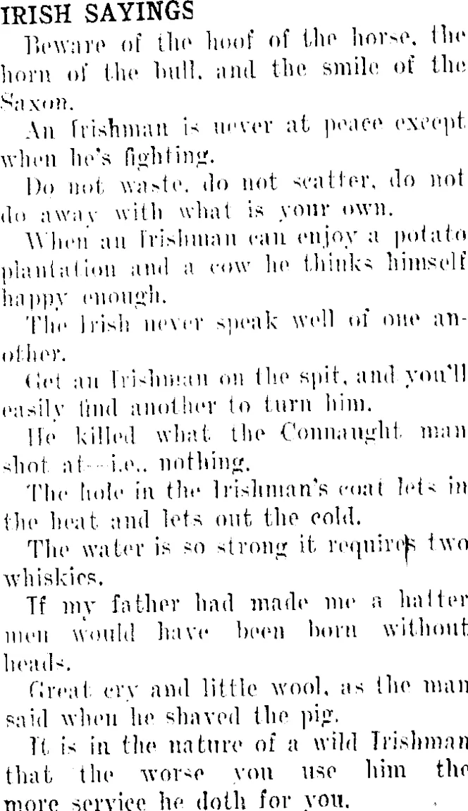 IRISH SAYINGS. (Taranaki Daily News 18-5-1912)