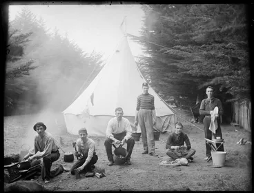 Image: Unidentified young men preparing food at 'Daisy Camp', Christchurch