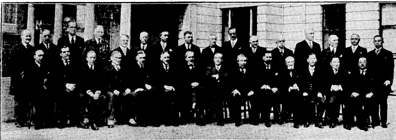 Sport and General Photo. DELEGATES TO THE NAVAL CONFERENCE.—Front row, from left, Signor A. Chiaramonle-Bordoriaro and Admiral G. Sirianni Italy; Mr. D. Reed, Mr. J^ T. Robinson, General C.G.Dawes, and Mr. H. L. Stimson, U.S.A.; Mr. Ramsay MacDonaldt Mr. Arthur Henderson, M. Briand, M. Fumesnil, M. deFleuriau, France; Mr. R. Wakatsuki, Admiral Tatarabe, and Mr. Tsuneo Matsudairo, Japan; back row—Sir Maurice Hanlcey, Mr. Keith Merrill, U;S.A.; Mr. C. te Water, South Africa; Mr. H. E. Fenton,"Australia; Mr, Dwight Morrow, Senator C. F. Adams, and Mr. Hugh Gibson, V.S.A.; Mr. A. V. Alexander, Mr. Wedgwood Benn, M. R.Massigli,and M. H. Loysset, France; Hon. Phillippe Roy, Canada; Mr. T. M. Wilford, New Zealand; Professor T. A. Smiddy, Irish Free State; Sir Aiul Chatterfee, India; and >a Japanese delegate. . . (Evening Post, 28 May 1930)