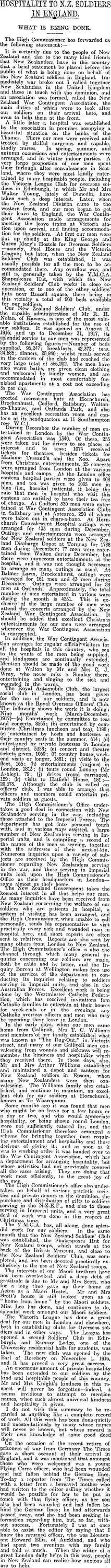 HOSPITALITY TO N.Z. SOLDIERS IN ENGLAND. (Otago Daily Times 6-4-1918)