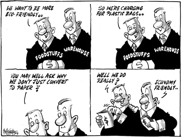 "We want to be more eco-friendly... So we're charging for plastic bags... You may well ask why we don't just convert to paper? Well we do really!" "Economy friendly.." 21 April 2009