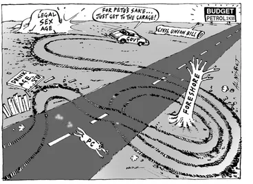 Image: Drink Age. PC. Foreshore. Legal Sex Age. Civil Union Bill. BUDGET PETROL 2KM. "For pete's sake... Just get to the garage!" 28 May, 2004