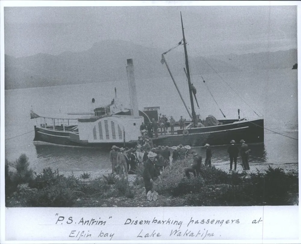P.S. Antrim disembarking passengers at Elfin Bay, Lake Wakatipu
