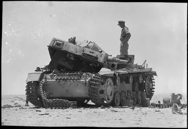 Image: A German tank which received a direct hit on the El Alamein front, Egypt - Photograph taken by H Paton