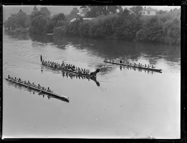 Image: Three waka taua on the Waikato River [Royal visit?]