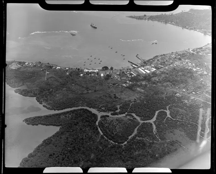 Apia, Upolu, Samoa, showing village and harbour