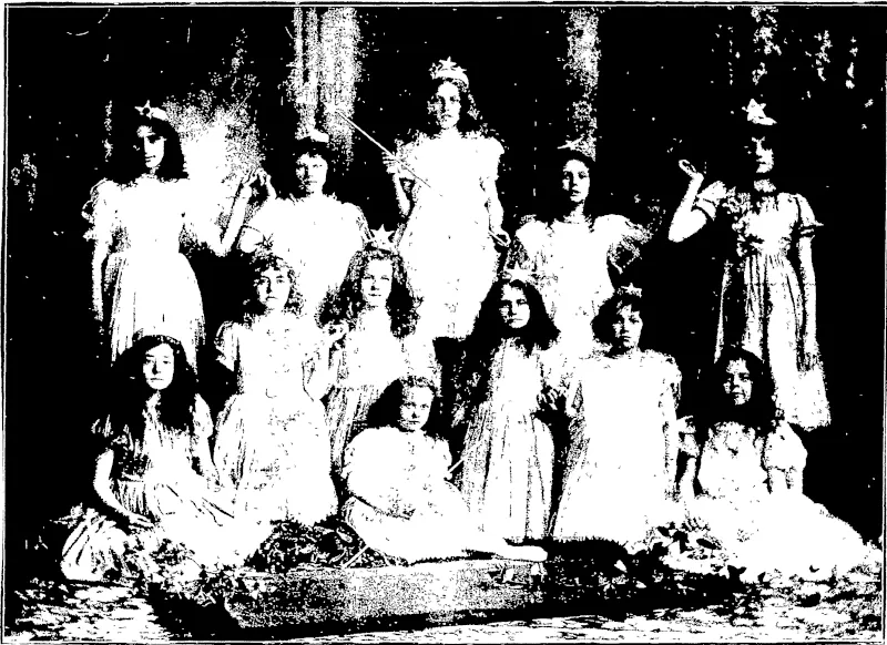 THE FAIRIES" AT THE RECENT BAZAAR IN ST. MARK'S SCHOOLROOM, WELLINGTON. _Hardu Shaw, Photo. (New Zealand Free Lance, 01 November 1902)
