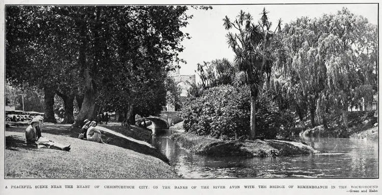 A peaceful scene near the hearty of Christchurch city; on the banks of river Avon with the bridge of remembrance in the background