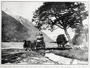 Image: A cold journey: the coach leaving Arthur's Pass railway station, Canterbury, for the Southern Alps to Otira, Westland