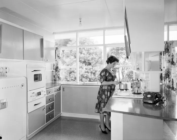 Kitchen interior, Shuker house, Titahi Bay, Porirua