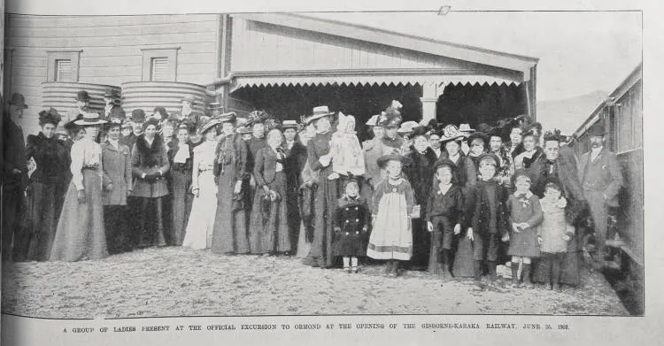 Group of men women and children present at the official excursion to Ormond at the opening of Gisborne-Karaka railway, 26 June 1902