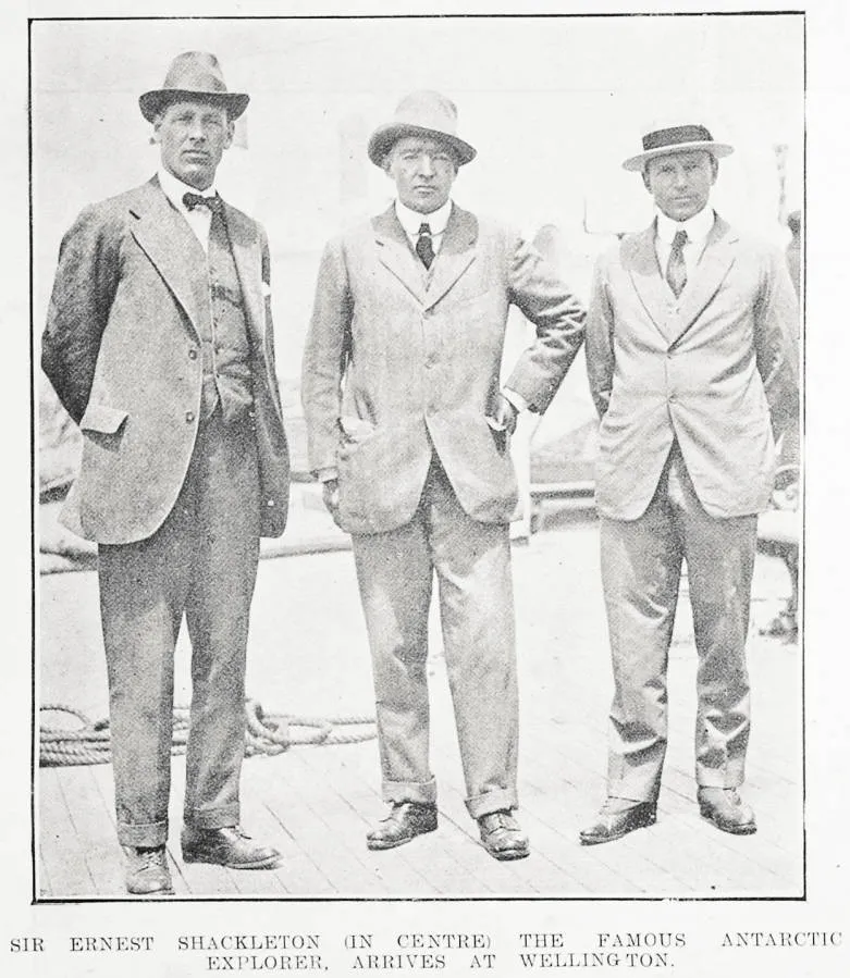 Sir Ernest Shackleton (in centre) the famous Antarctic explorer, arrives at Wellington