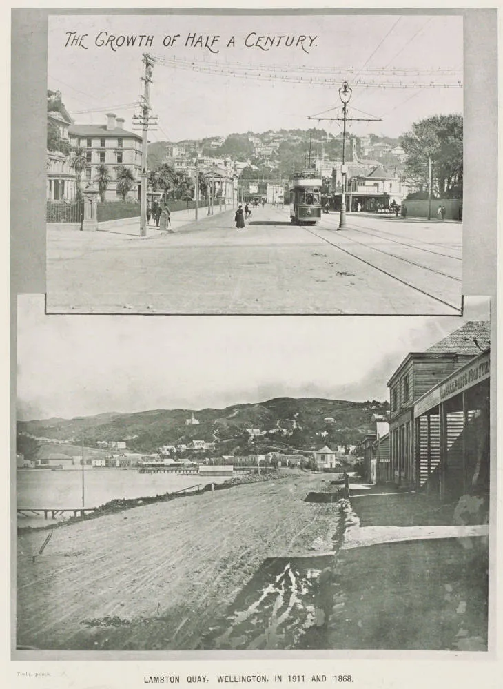 Lambton Quay, Wellington, in 1911 and 1868