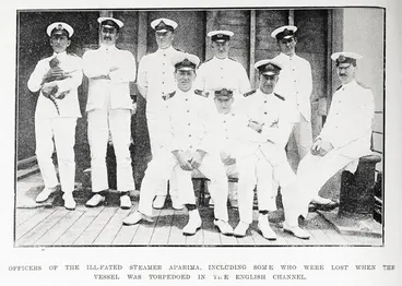 Officers of the ill-fated steamer Aparima, including some who were lost when the vessel was torpedoed in the English Channel Image: Officers of the ill-fated steamer Aparima, including some who were lost when the vessel was torpedoed in the English Channel