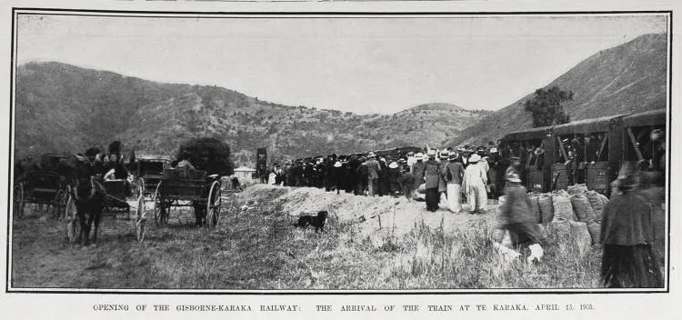 OPENING OF THE GISBORNE-KARAKA RAILWAY: THE ARRIVAL OF THE TRAIN AT TE KARAKA, APRIL 13, 1905
