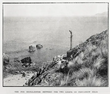 The fog signal-house between the two lights on Pencarrow Head Image: The fog signal-house between the two lights on Pencarrow Head