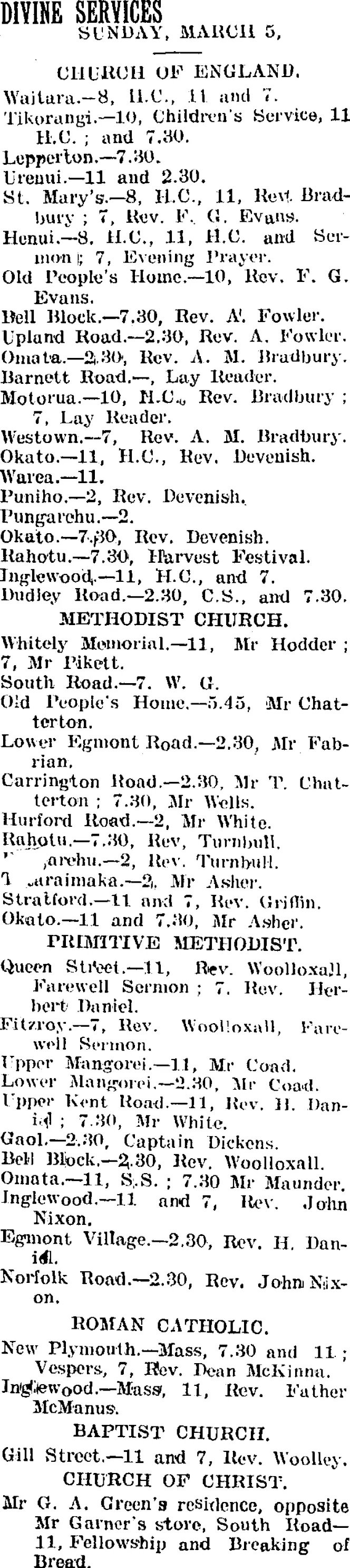 DIVINE SERVICES. (Taranaki Daily News 4-3-1905)