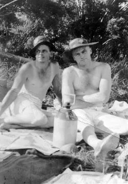 Horry Zillwood and Bill Waters with beer jar, Gladstone, 1936: Photograph