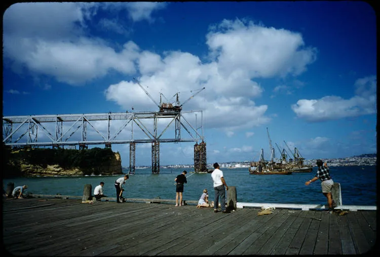 Auckland Harbour Bridge under construction, 1958