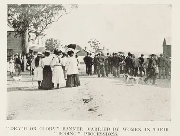 Image: 'Death or glory' banner carried by women in their 'booing' processions