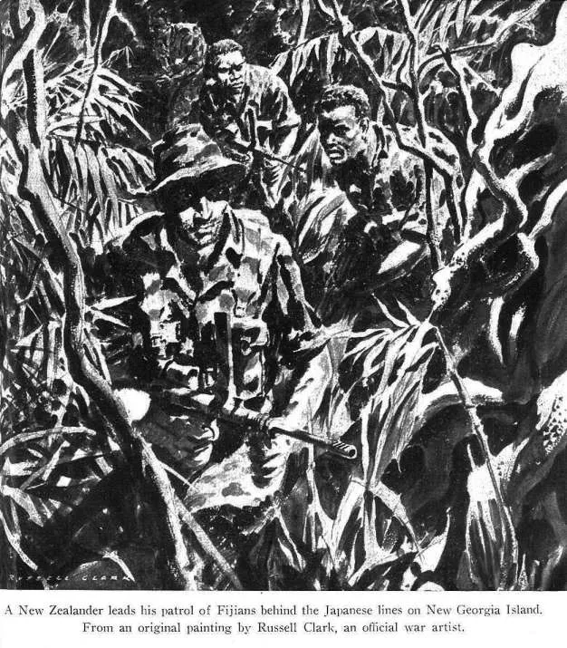 A New Zealander leads his patrol of Fijians behind the Japanese lines on New Georgia Island. From an original painting by Russell Clark, an official war artist