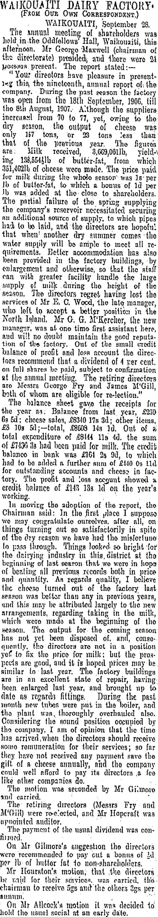 WAIKOUAITI DAIRY FACTORY. (Otago Daily Times 30-9-1907)