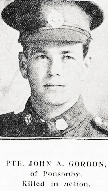 Pte John A Gordon of Ponsonby, killed in action