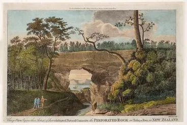 Image: A larger view (by another Artist) of that celebrated Natural Curiosity, the Perforated Rock in Tolaga Bay in New Zealand