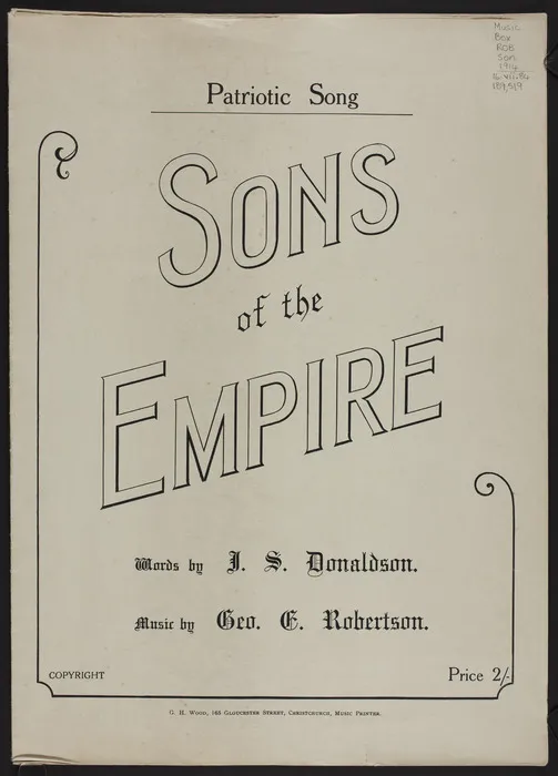 Sons of the Empire / words by J.S. Donaldson ; music by G.E. Robertson.
