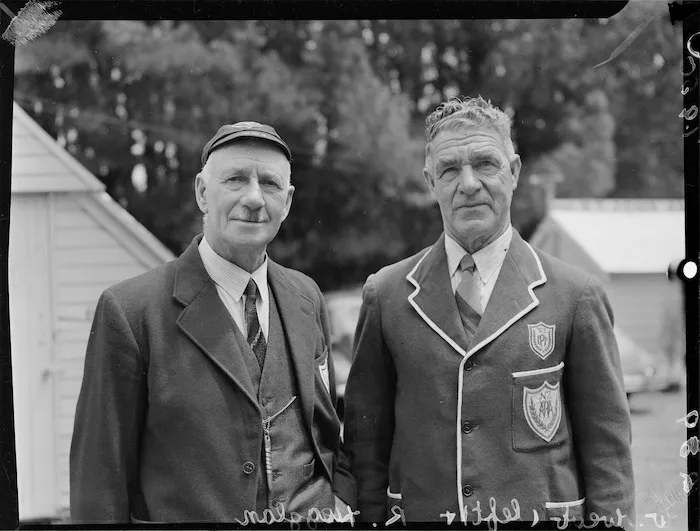 W Webb and R Hegglun, veteran New Zealand oarsmen, Lake Karapiro