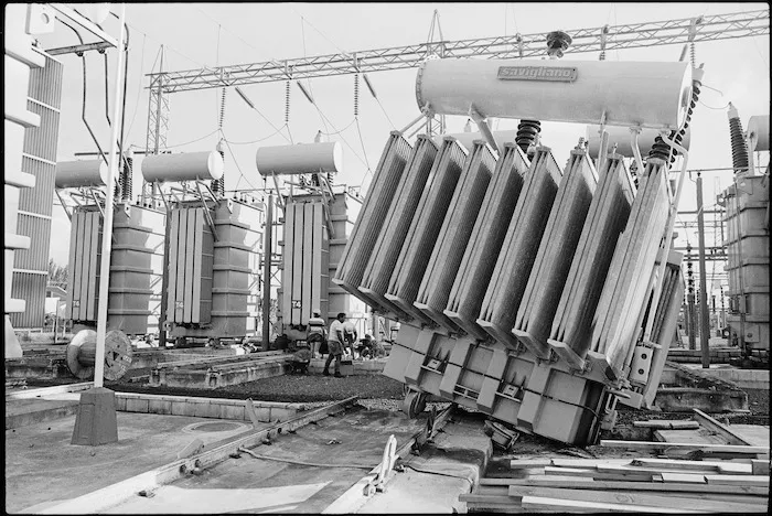 Transformer toppled from its mountings at the Edgecumbe substation - Photograph taken by John Nicholson