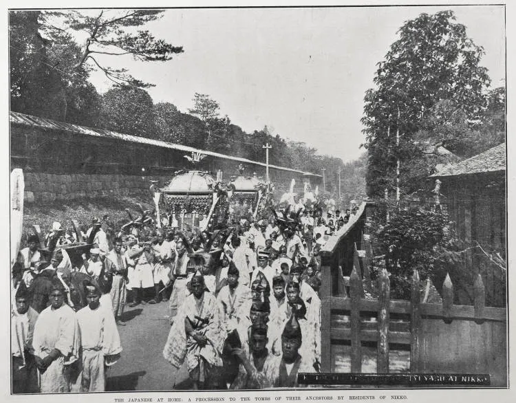 THE JAPANESE AT HOME: A PROCESSION TO THE TOMBS OF THEIR ANCESTORS BY RESIDENTS OF NIKKO