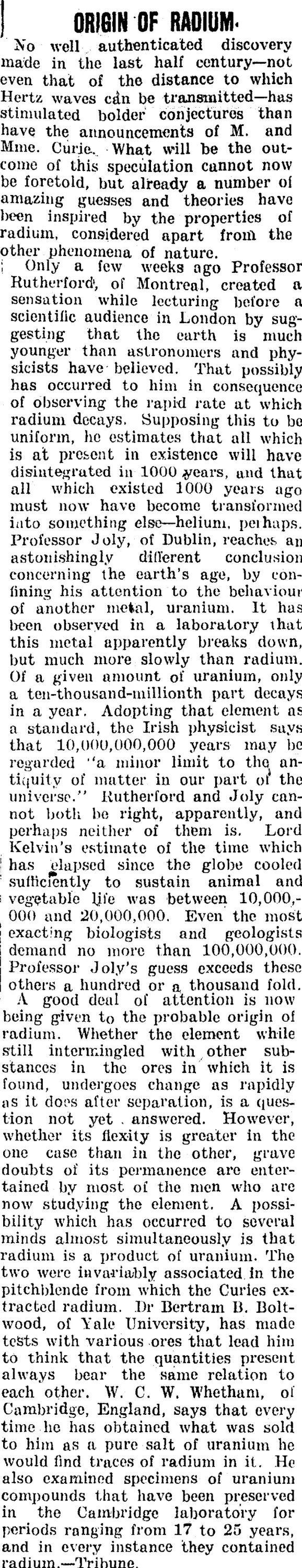 ORIGIN OF RADIUM. (Clutha Leader 20-9-1904)